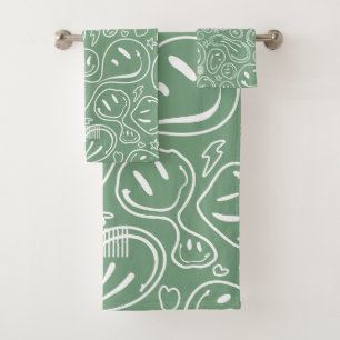 Cool Smiling Face Melting Smile Pattern Sage Green Bath Towel Set