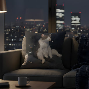 Cool Smoking Cat with Beer Can Night City View Cushion