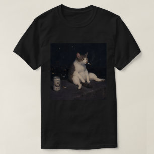 Cool Smoking Cat with Beer Can Night City View  T-Shirt