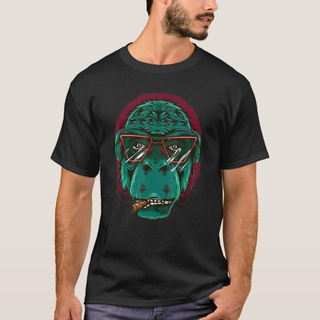 Cool Smoking Head Monkey Gorilla Beast With Glasse T-Shirt (Front)