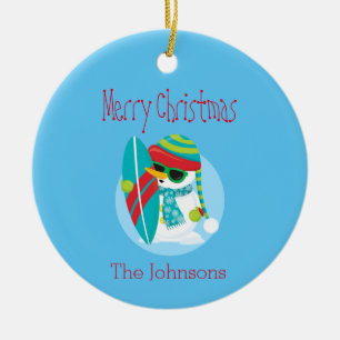 Cool Snowman Christmas Surfer Ceramic Tree Decoration