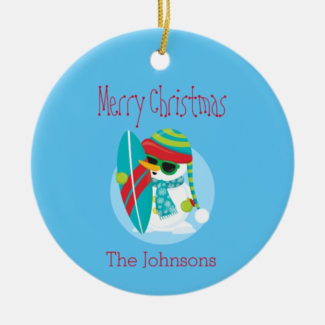 Cool Snowman Christmas Surfer Ceramic Tree Decoration (Front)