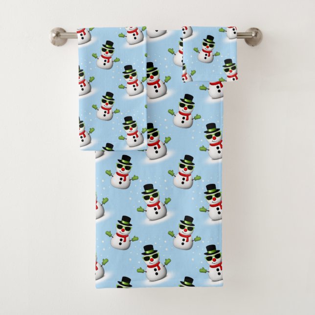 Cool Snowman Christmas Winter blue pattern Bath Towel Set (Insitu)