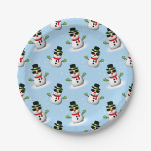 Cool Snowman Christmas Winter blue pattern Paper Plate