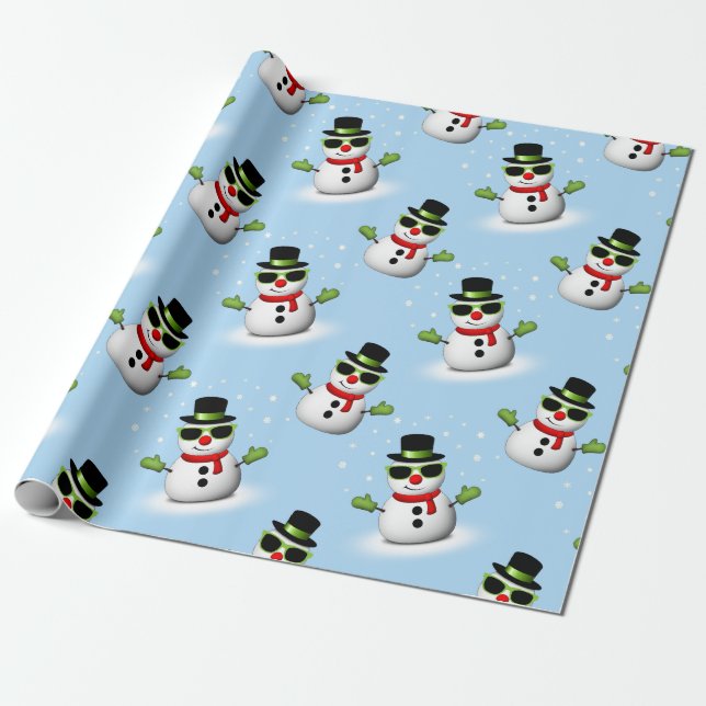 Cool Snowman Christmas Winter blue pattern Wrapping Paper (Unrolled)