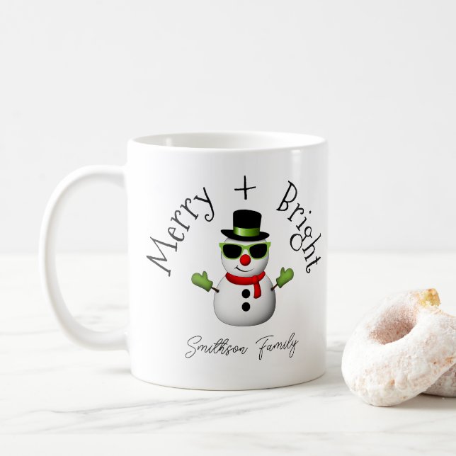 Cool Snowman Merry Bright Christmas Custom Family  Coffee Mug (With Donut)