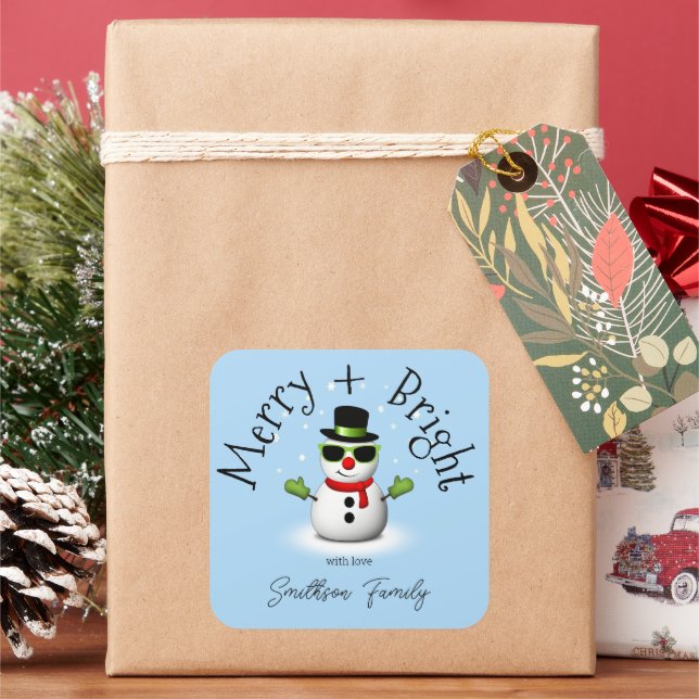 Cool Snowman Merry Bright Christmas Custom Family Square Sticker (Holiday)