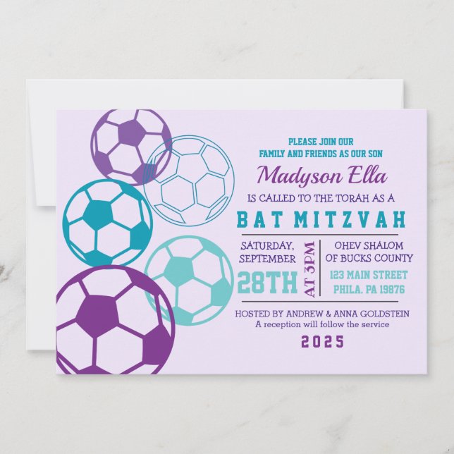 COOL SOCCER  Aqua Purple Bat Mitzvah Invitation (Front)