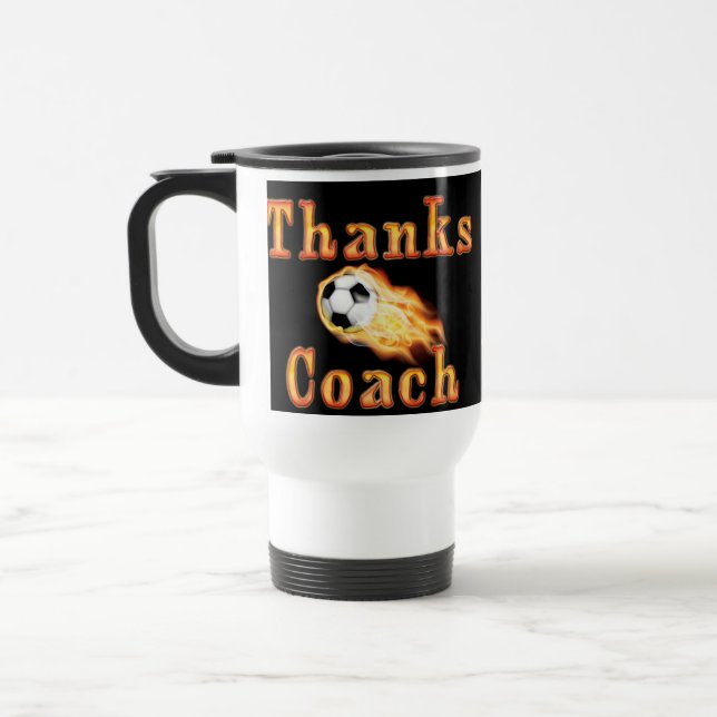 Cool Soccer Coach Gift Ideas Flaming Soccer Ball Travel Mug (Left)