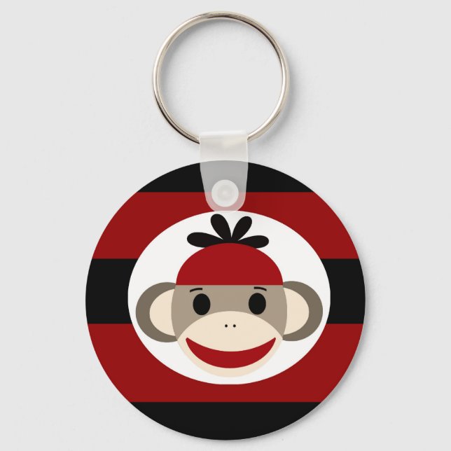 Cool Sock Monkey Beanie Hat Red Black Stripes Key Ring (Front)