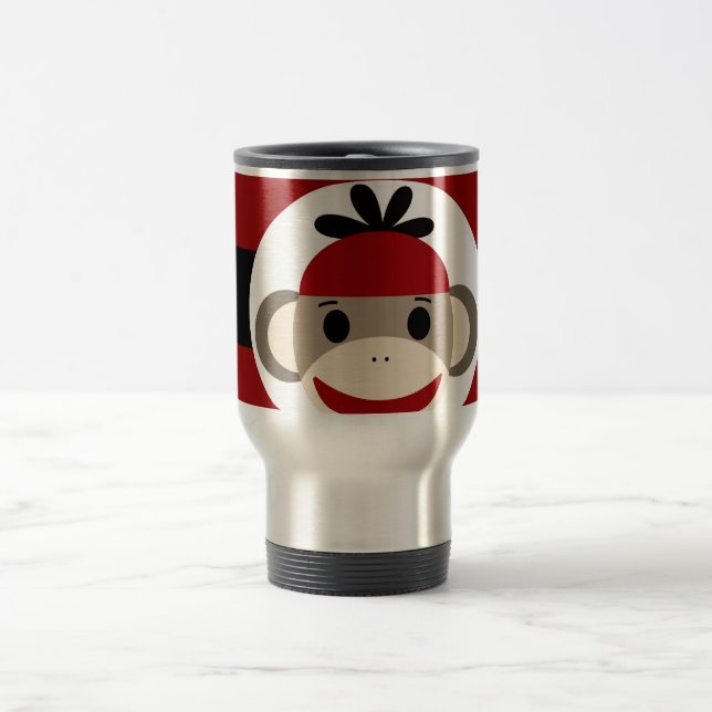 Cool Sock Monkey Beanie Hat Red Black Stripes Travel Mug (Center)