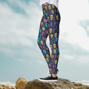Cool Spooky Halloween Colourful Skull Pattern Part Leggings