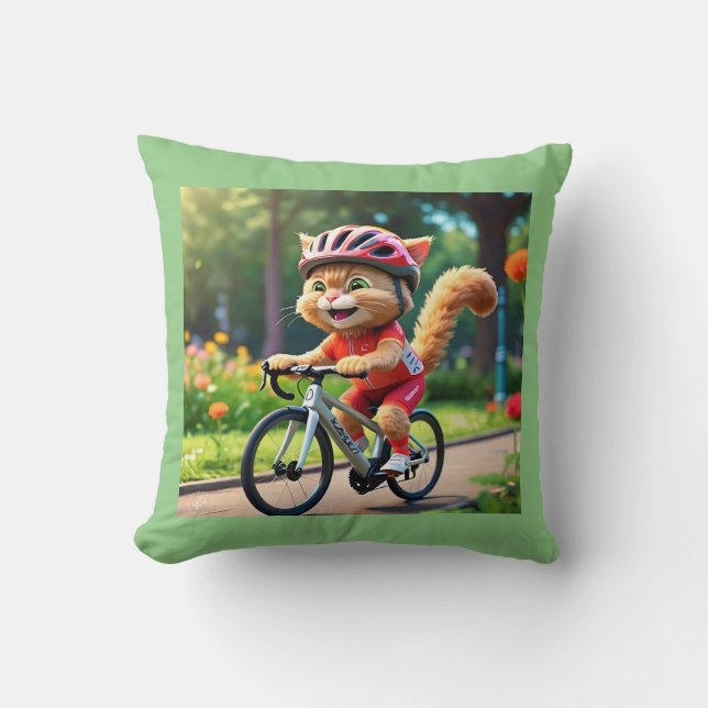 Cool Sporty Cat on Bicycle Cushion (Front)