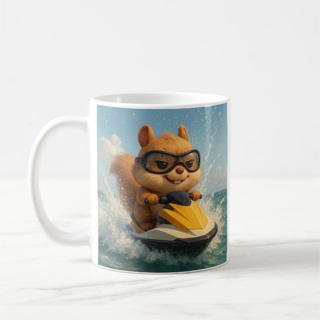 Cool Squirrel on Jet Ski. Funny Summer. Coffee Mug (Left)