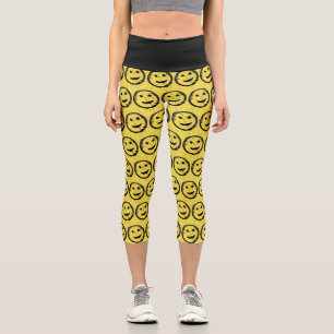 Cool Stained Happy Smiling face pattern yellow Capri Leggings