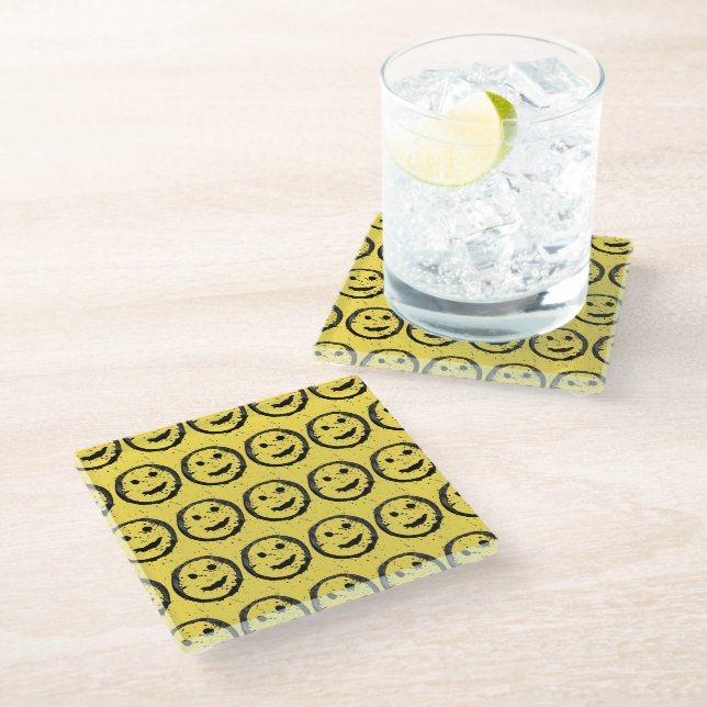Cool Stained Happy Smiling face pattern yellow Glass Coaster (Angled)