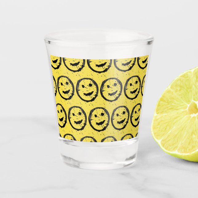 Cool Stained Happy Smiling face pattern yellow Shot Glass (Front)