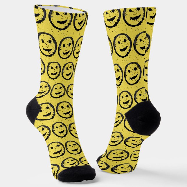 Cool Stained Happy Smiling face pattern yellow Socks (Angled)