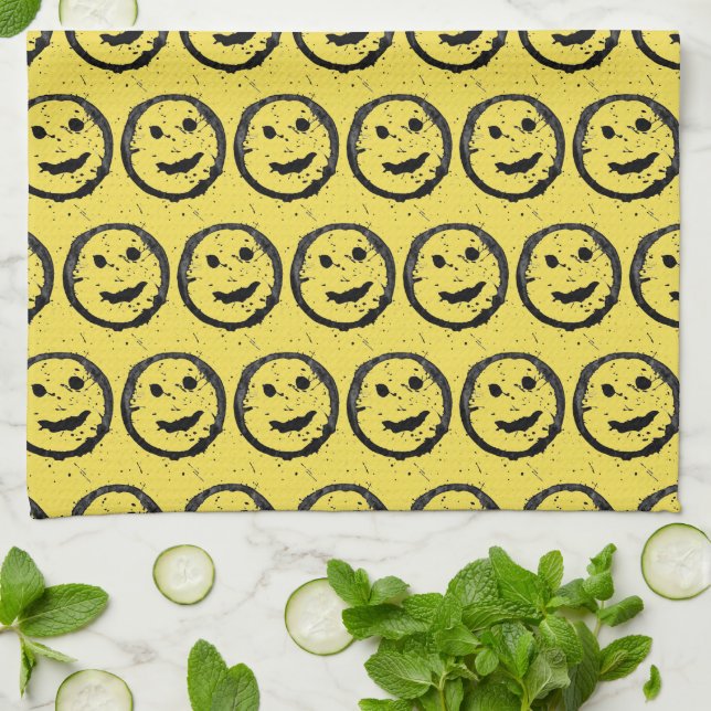 Cool Stained Happy Smiling face pattern yellow Tea Towel (Folded)
