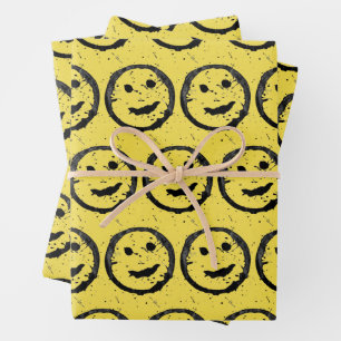 Cool Stained Happy Smiling face pattern yellow Wrapping Paper Sheet