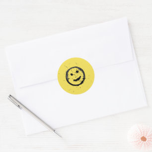 Cool Stained Happy Smiling face yellow Classic Round Sticker