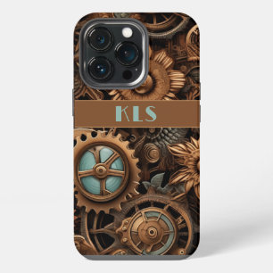 Cool Steampunk Brown & Teal Cogs & Flowers iPhone 13 Pro Case