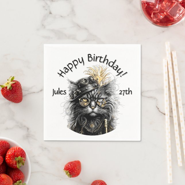 Cool Steampunk Cat Name and Age Text Napkin (Insitu)
