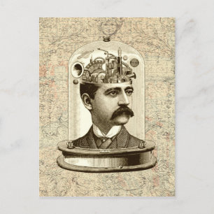 Cool Steampunk clockwork brain, head in jar art Postcard