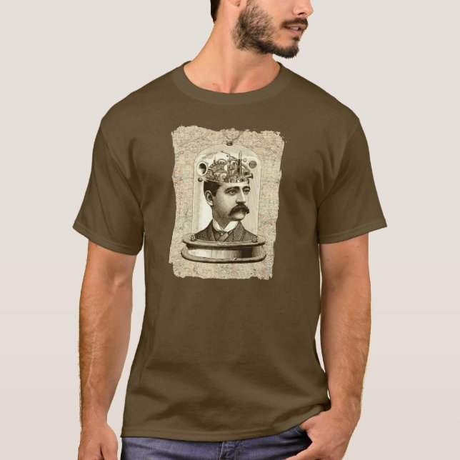 Cool Steampunk clockwork brain, head in jar art T-Shirt (Front)