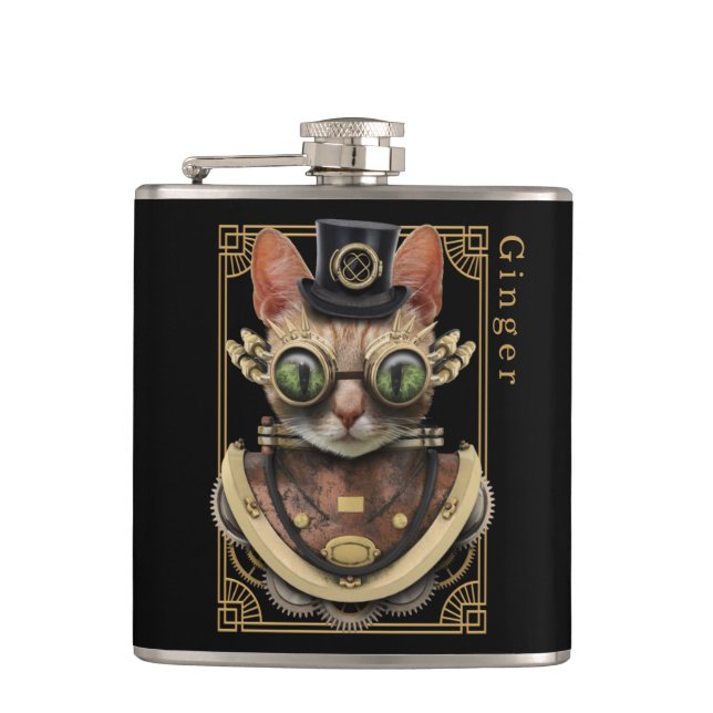 Cool Steampunk Orange Tabby Cat with Name Hip Flask (Front)
