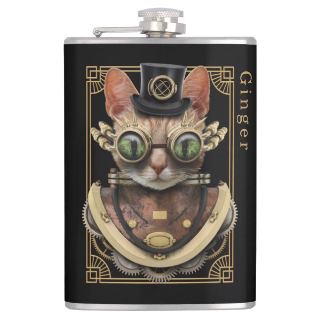 Cool Steampunk Orange Tabby Cat with Name Hip Flask (Front)