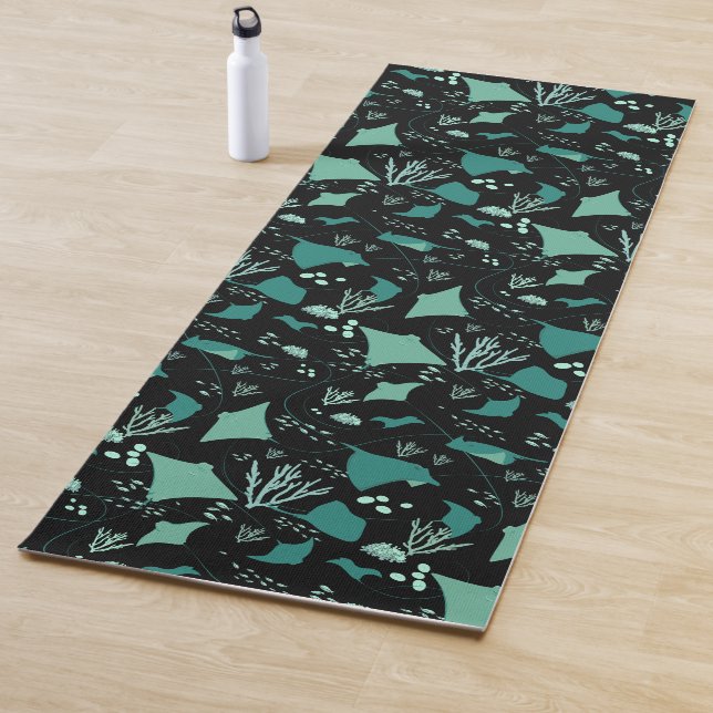 Cool Stingrays Blue Black Aquatic Pattern Yoga Mat (In Situ)