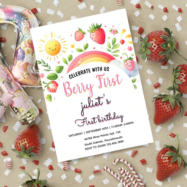 Cool strawberry berry 1st party First birthday Invitation (Creator Uploaded)