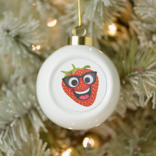 Cool Strawberry Character – Fun Kawaii Fruit Art Ceramic Ball Christmas Ornament