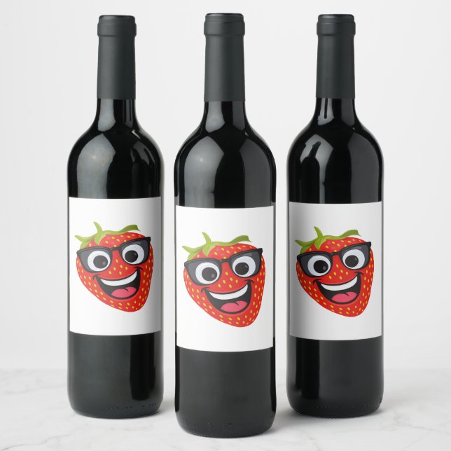Cool Strawberry Character – Fun Kawaii Fruit Art Wine Label (Bottles)