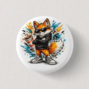 Cool Street Fox T-Shirt Urban Graffiti Fox with 3 Cm Round Badge