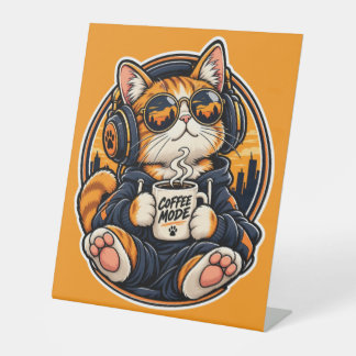 Cool Streetwear Cat Drinking Coffee Pedestal Sign