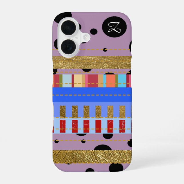 Cool Stripes and Dots & initial iPhone 16 Case (Back)