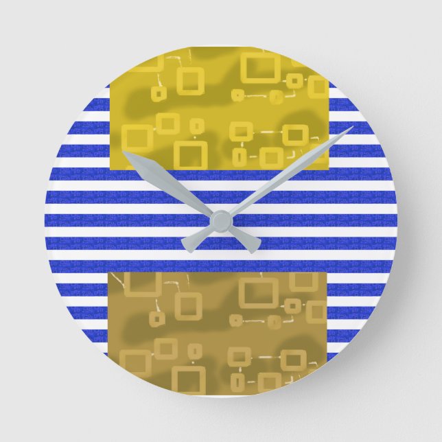 Cool Stripes Blue Gold Geometric  Round Clock (Front)