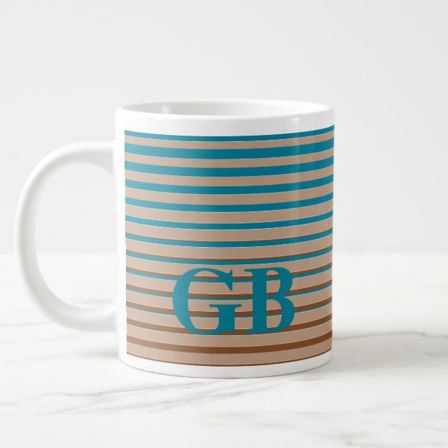Cool Stripes Brown & Blue Monogrammed Large Coffee Mug (Left)