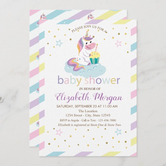 Cool Stripes Stars Unicorn Baby Shower Invitation (Front/Back)