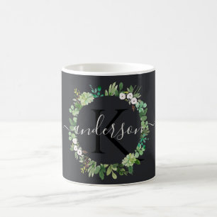 COOL SUCCULENT WREATH FOLIAGE WATERCOLOR MONOGRAM COFFEE MUG