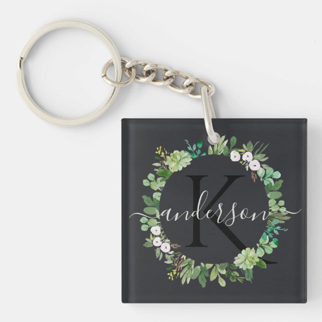COOL SUCCULENT WREATH FOLIAGE WATERCOLOR MONOGRAM KEY RING (Front)