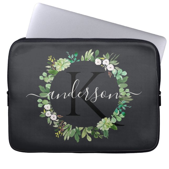 COOL SUCCULENT WREATH FOLIAGE WATERCOLOR MONOGRAM LAPTOP SLEEVE (Front)