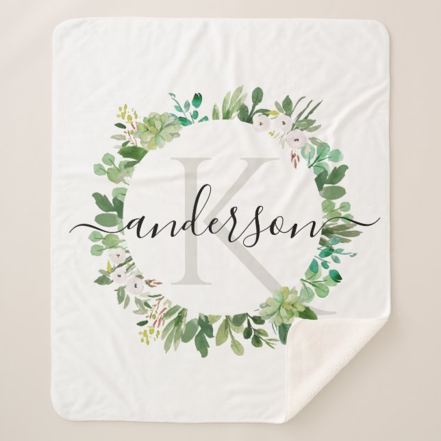COOL SUCCULENT WREATH FOLIAGE WATERCOLOR MONOGRAM SHERPA BLANKET (Front)