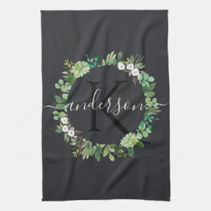 COOL SUCCULENT WREATH FOLIAGE WATERCOLOR MONOGRAM TEA TOWEL