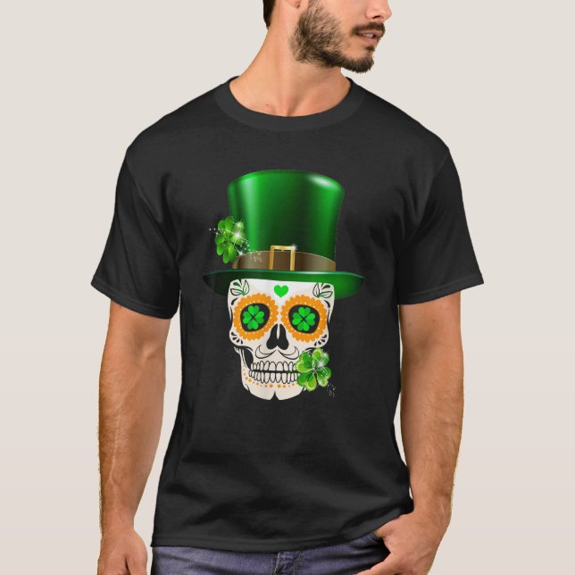 Cool Sugar Skull Saint Patrick s Day Shamrock Iris T-Shirt (Front)