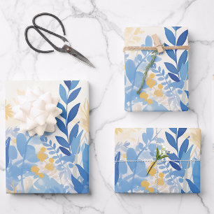 Cool Summer Blue Floral Botanical Garden Wrapping Paper Sheet