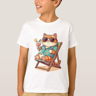 Cool Summer Cat Kids' Tee - Cartoon Cat in Hawaiia