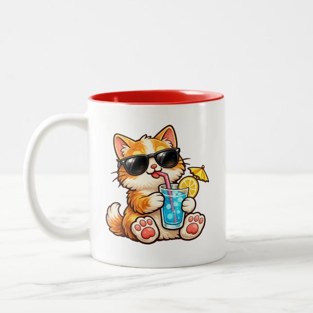 Cool Summer Cat Two-Tone Coffee Mug (Left)